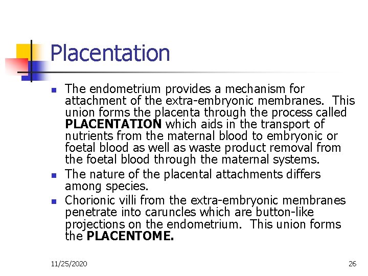 Placentation n The endometrium provides a mechanism for attachment of the extra-embryonic membranes. This