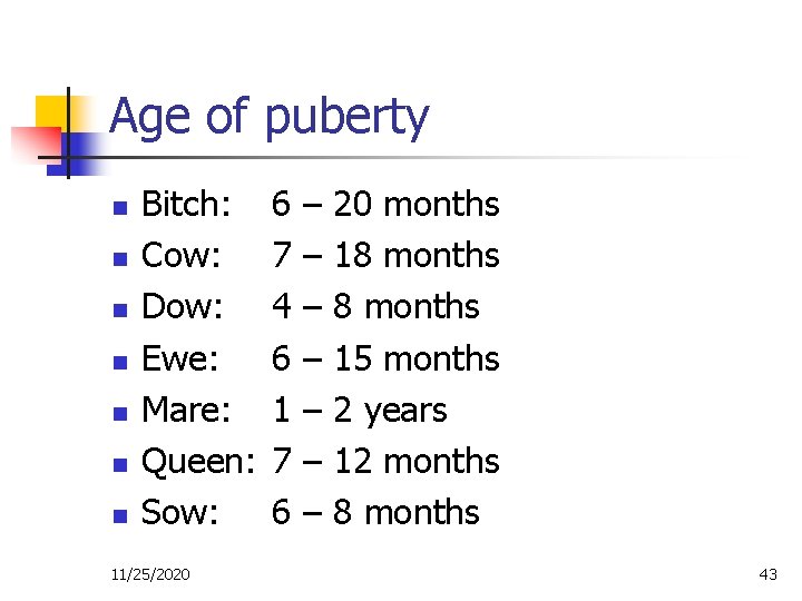 Age of puberty n n n n Bitch: Cow: Dow: Ewe: Mare: Queen: Sow: