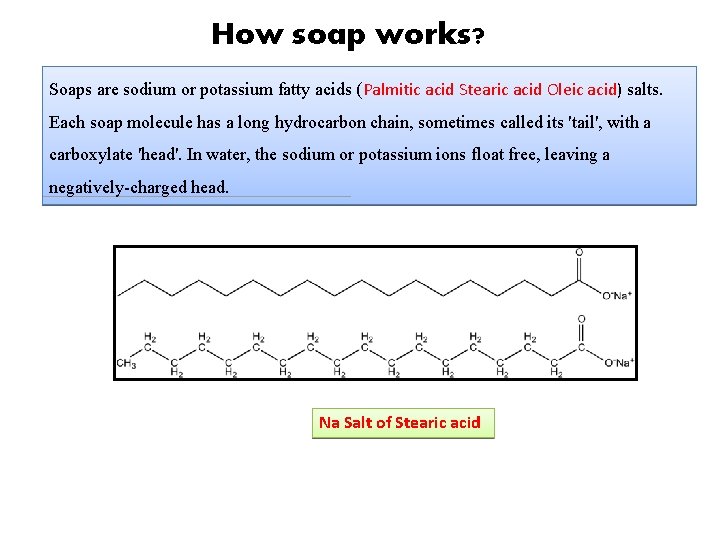 How soap works? Soaps are sodium or potassium fatty acids (Palmitic acid Stearic acid