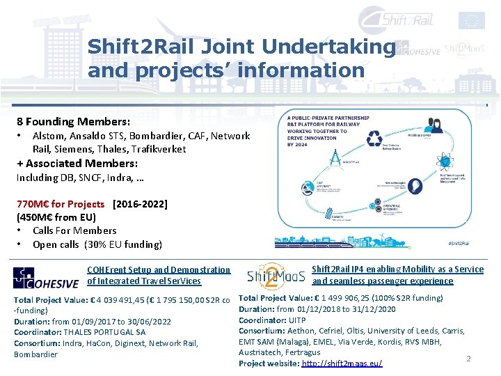 Shift 2 Rail Joint Undertaking and projects’ information 8 Founding Members: • Alstom, Ansaldo