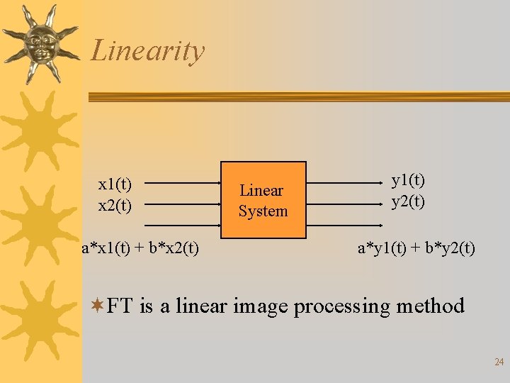 Linearity x 1(t) x 2(t) a*x 1(t) + b*x 2(t) Linear System y 1(t)