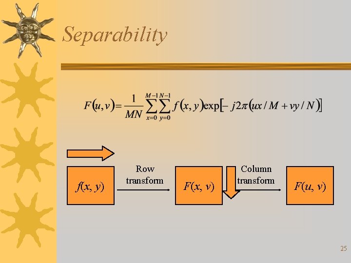 Separability f(x, y) Row transform F(x, v) Column transform F(u, v) 25 