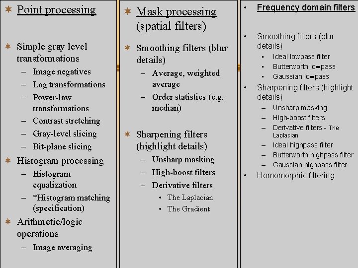 ¬ Point processing ¬ Simple gray level transformations – Image negatives – Log transformations