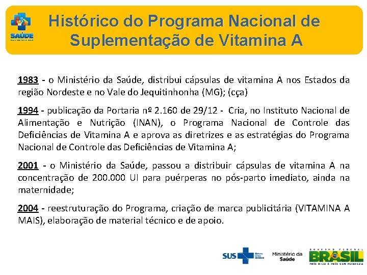 Histórico do Programa Nacional de Suplementação de Vitamina A 1983 - o Ministério da