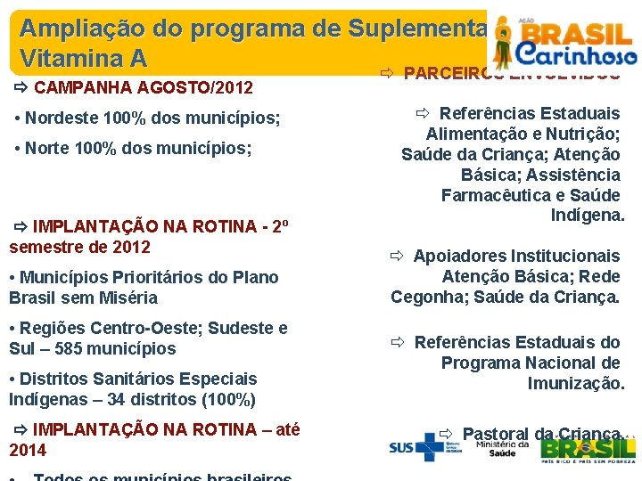 Ampliação do programa de Suplementação de Vitamina A ð PARCEIROS ENVOLVIDOS CAMPANHA AGOSTO/2012 •