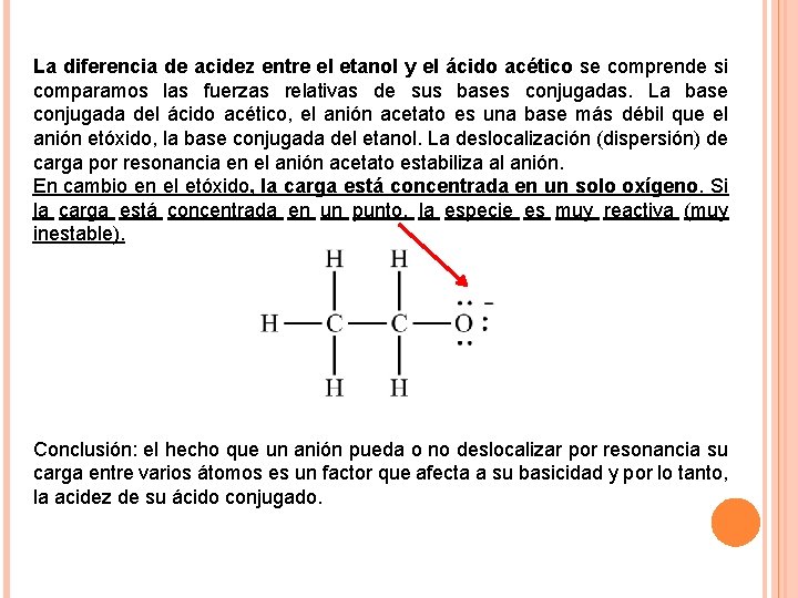 La diferencia de acidez entre el etanol y el ácido acético se comprende si