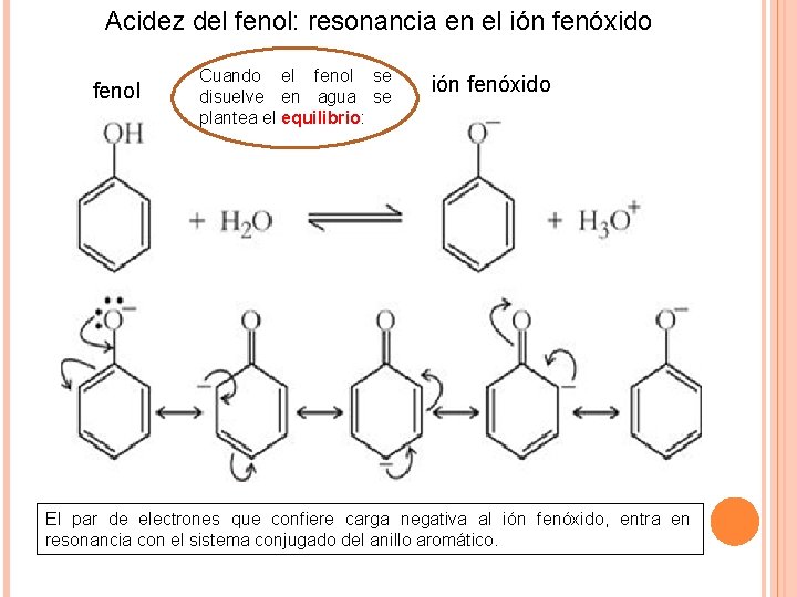 Acidez del fenol: resonancia en el ión fenóxido fenol Cuando el fenol se disuelve