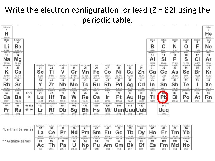 Write the electron configuration for lead (Z = 82) using the periodic table. O