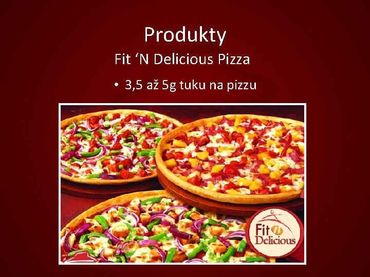 Produkty Fit ‘N Delicious Pizza • 3, 5 až 5 g tuku na pizzu