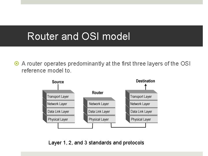 Router and OSI model A router operates predominantly at the first three layers of