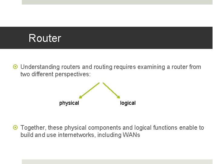 Router Understanding routers and routing requires examining a router from two different perspectives: physical