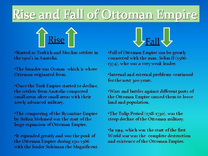 Rise and Fall of Ottoman Empire Rise • Started as Turkish and Muslim settlers