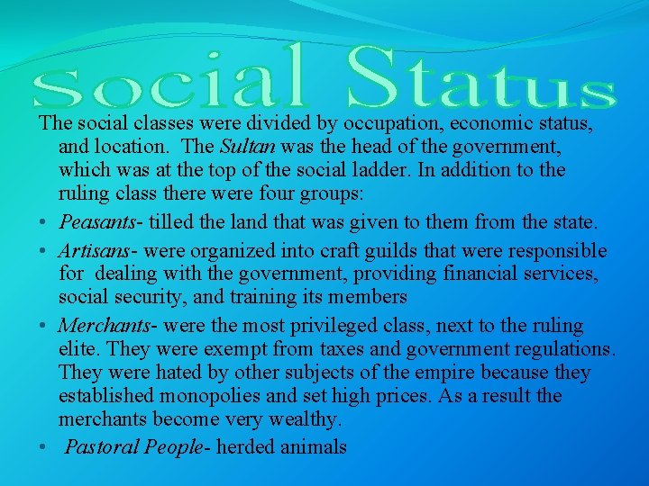 The social classes were divided by occupation, economic status, and location. The Sultan was