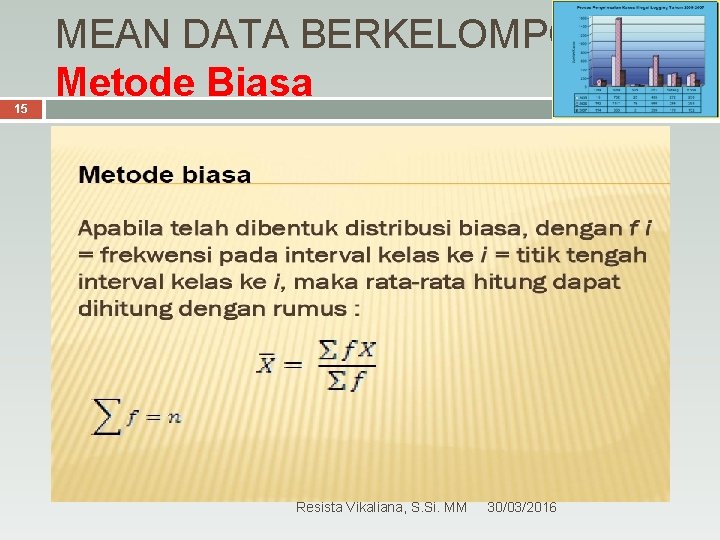 15 MEAN DATA BERKELOMPOK Metode Biasa Resista Vikaliana, S. Si. MM 30/03/2016 