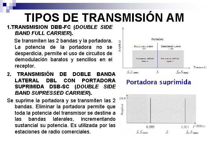 TIPOS DE TRANSMISIÓN AM 1. TRANSMISION DBB-FC (DOUBLE SIDE BAND FULL CARRIER). Se transmiten