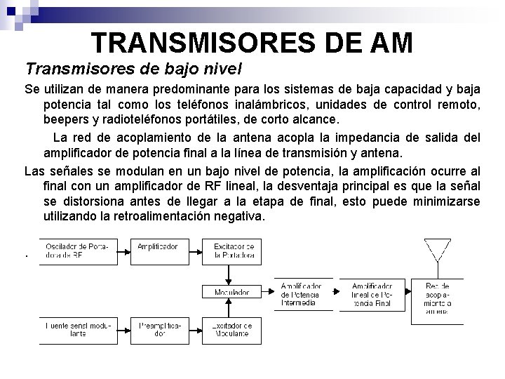 TRANSMISORES DE AM Transmisores de bajo nivel Se utilizan de manera predominante para los