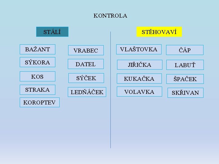 KONTROLA STÁLÍ STĚHOVAVÍ BAŽANT VRABEC VLAŠTOVKA ČÁP SÝKORA DATEL JIŘIČKA LABUŤ KOS SÝČEK KUKAČKA KONTROLA STÁLÍ STĚHOVAVÍ BAŽANT VRABEC VLAŠTOVKA ČÁP SÝKORA DATEL JIŘIČKA LABUŤ KOS SÝČEK KUKAČKA