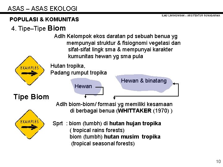 ASAS – ASAS EKOLOGI ILMU LINGKUNGAN – ARSITEKTUR GUNADARMA POPULASI & KOMUNITAS 4. Tipe–Tipe