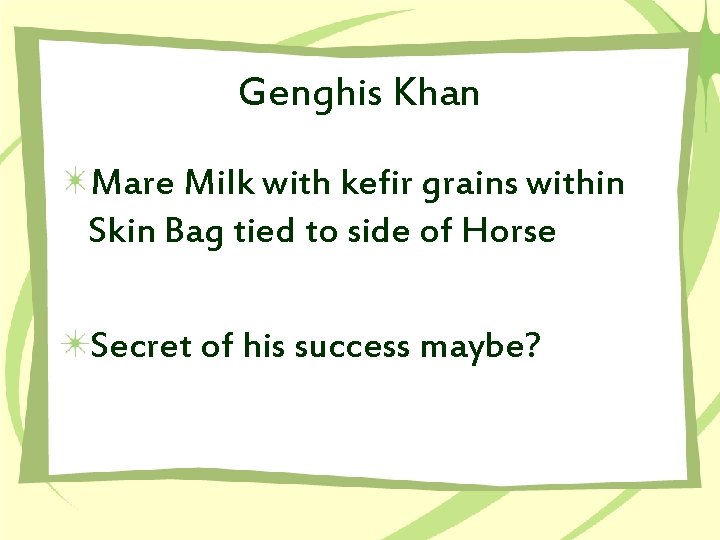 Genghis Khan Mare Milk with kefir grains within Skin Bag tied to side of