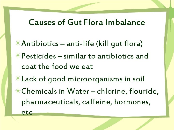 Causes of Gut Flora Imbalance Antibiotics – anti-life (kill gut flora) Pesticides – similar