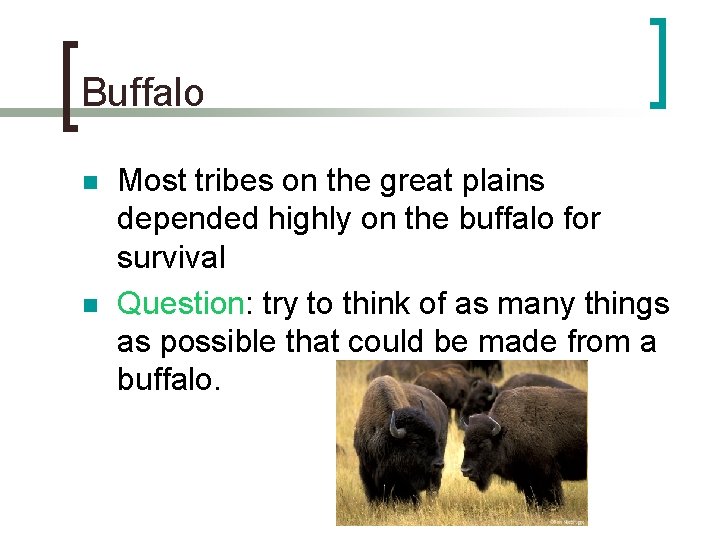 Buffalo n n Most tribes on the great plains depended highly on the buffalo