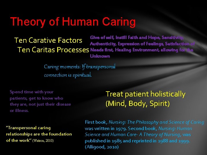 Theory of Human Caring Give of self, Instill Faith and Hope, Sensitivity, Ten Carative