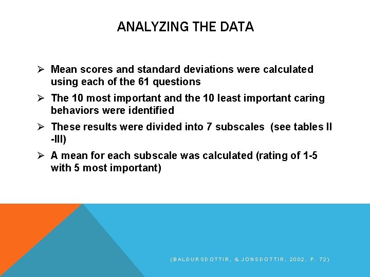 ANALYZING THE DATA Ø Mean scores and standard deviations were calculated using each of