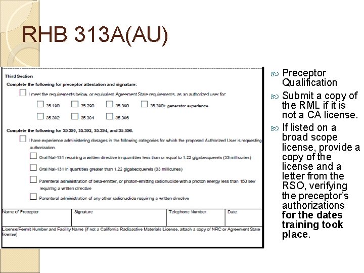 RHB 313 A(AU) Preceptor Qualification Submit a copy of the RML if it is