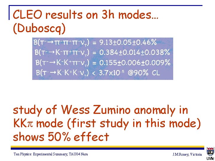 CLEO results on 3 h modes… (Duboscq) study of Wess Zumino anomaly in KKp