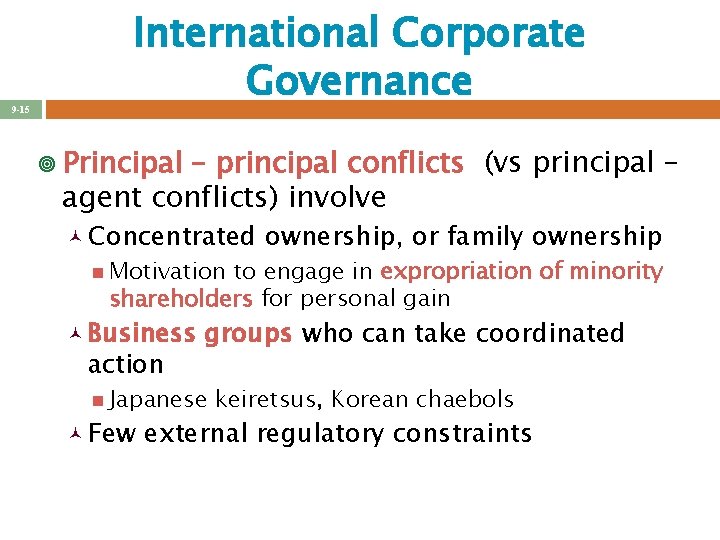 9 -15 International Corporate Governance ¥ Principal – principal conflicts (vs principal – agent