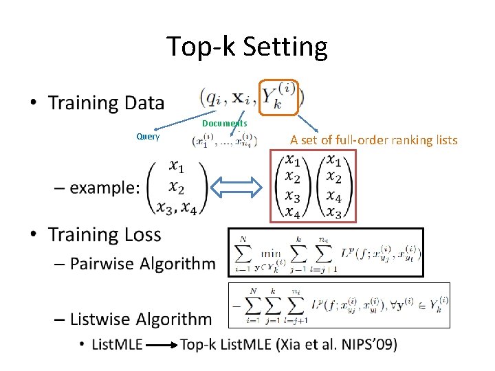 Top-k Setting • Documents Query A set of full-order ranking lists 