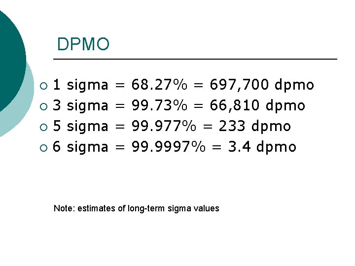 DPMO 1 ¡ 3 ¡ 5 ¡ 6 ¡ sigma = = 68. 27%