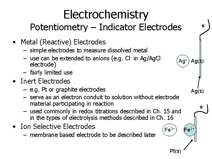 Electrochemistry Potentiometry – Indicator Electrodes e- • Metal (Reactive) Electrodes – simple electrodes to