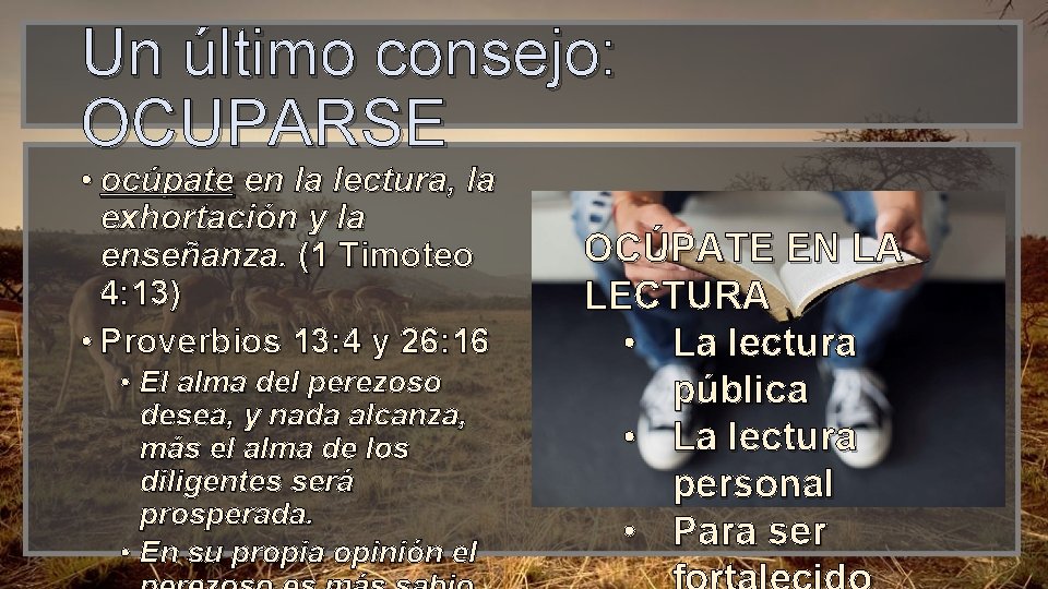 Un último consejo: OCUPARSE • ocúpate en la lectura, la exhortación y la enseñanza.