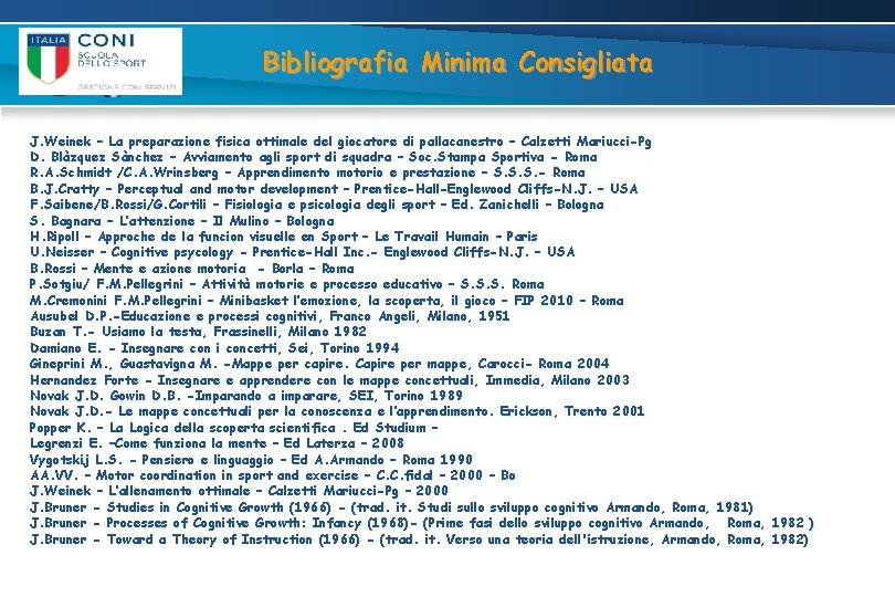 Bibliografia Minima Consigliata J. Weinek – La preparazione fisica ottimale del giocatore di pallacanestro