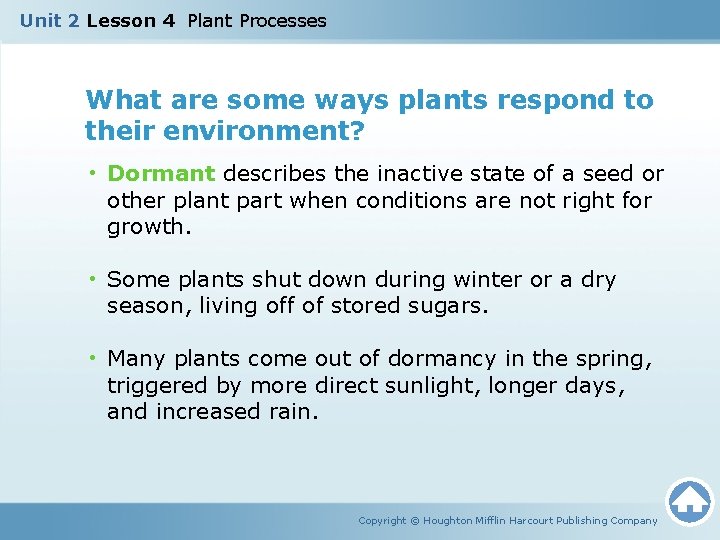 Unit 2 Lesson 4 Plant Processes What are some ways plants respond to their