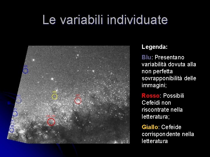 Le variabili individuate Legenda: Blu: Presentano variabilità dovuta alla non perfetta sovrapponibilità delle immagini; Le variabili individuate Legenda: Blu: Presentano variabilità dovuta alla non perfetta sovrapponibilità delle immagini;