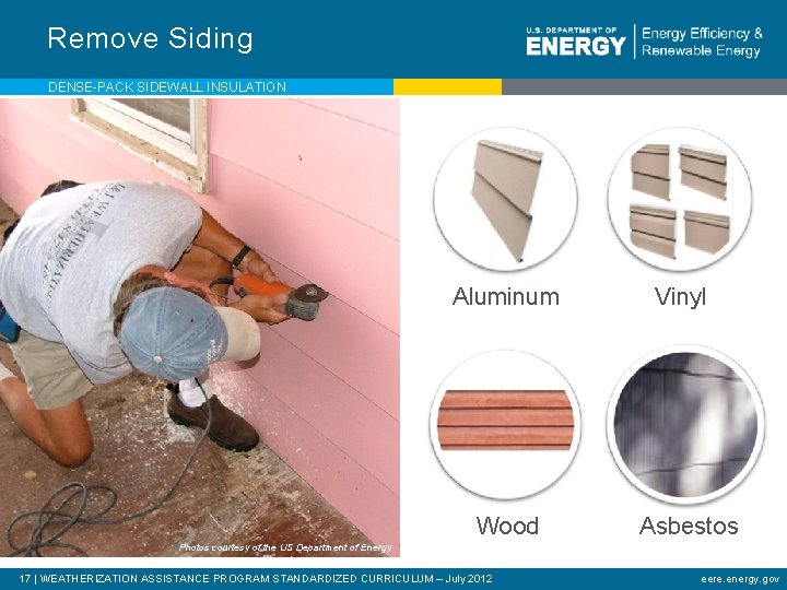 Remove Siding DENSE-PACK SIDEWALL INSULATION Aluminum Wood Vinyl Asbestos Photos courtesy of the US