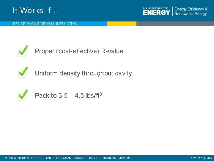 It Works If… DENSE-PACK SIDEWALL INSULATION Proper (cost-effective) R-value Uniform density throughout cavity Pack