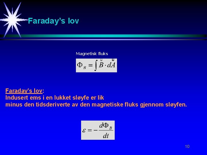 Faraday’s lov Magnetisk fluks Faraday’s lov: Indusert ems i en lukket sløyfe er lik