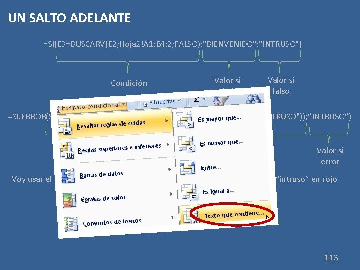 UN SALTO ADELANTE =SI(E 3=BUSCARV(E 2; Hoja 2!A 1: B 4; 2; FALSO); "BIENVENIDO";