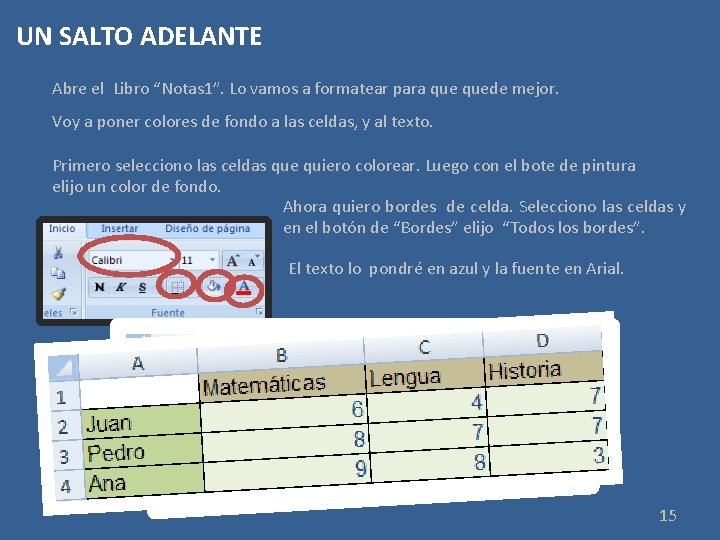 UN SALTO ADELANTE Abre el Libro “Notas 1”. Lo vamos a formatear para quede