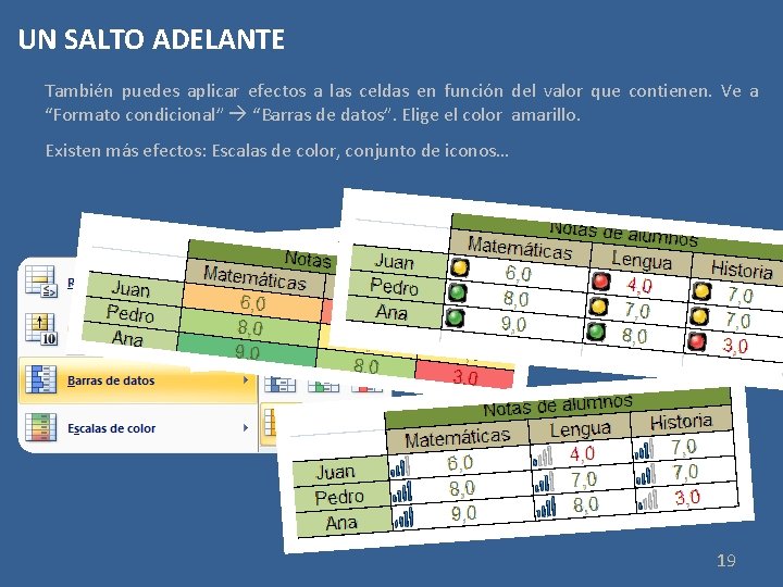 UN SALTO ADELANTE También puedes aplicar efectos a las celdas en función del valor