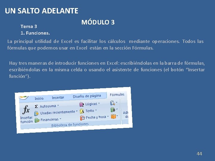 UN SALTO ADELANTE Tema 3 1. Funciones. MÓDULO 3 La principal utilidad de Excel