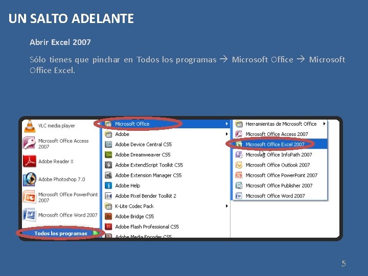 UN SALTO ADELANTE Abrir Excel 2007 Sólo tienes que pinchar en Todos los programas