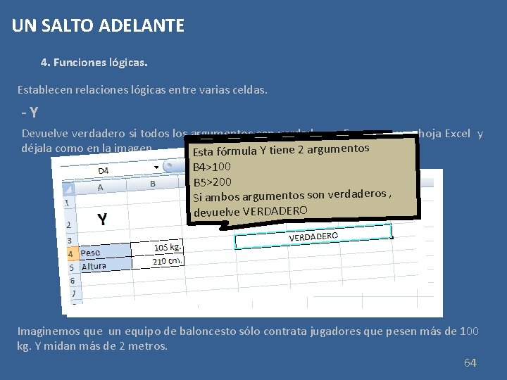 UN SALTO ADELANTE 4. Funciones lógicas. Establecen relaciones lógicas entre varias celdas. -Y Devuelve