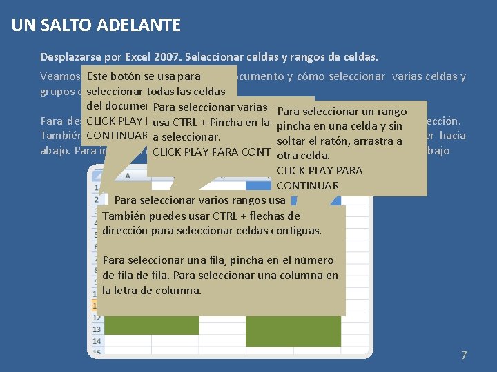 UN SALTO ADELANTE Desplazarse por Excel 2007. Seleccionar celdas y rangos de celdas. se