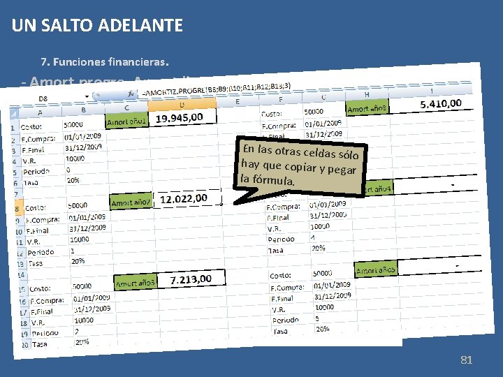 UN SALTO ADELANTE 7. Funciones financieras. - Amort. progre, Amort. lineal Calculan la cantidad