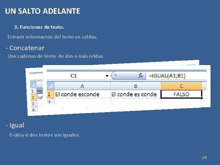 UN SALTO ADELANTE 9. Funciones de texto. Extraen información del texto en celdas. -