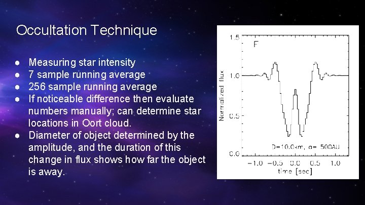 Occultation Technique ● ● Measuring star intensity 7 sample running average 256 sample running